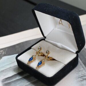 VTG Gold Tone Dangle Earrings Clip On w/ Diamond Blue Topaz Crystal Art Nouveau